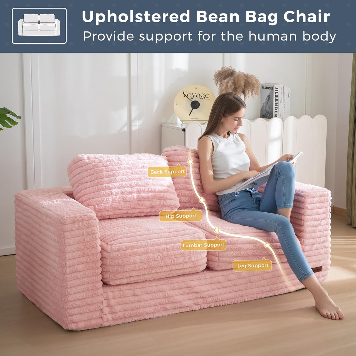 MAXYOYO Bean Bag Chair, Two-Seat Bean Bag Sofa with Pillows and Armrests for Adults, Upholstered Loveseat Floor Sofa Couch Fluffy Chair Bean Bag Couch for Bedroom Living Room, Pink MAXYOYO