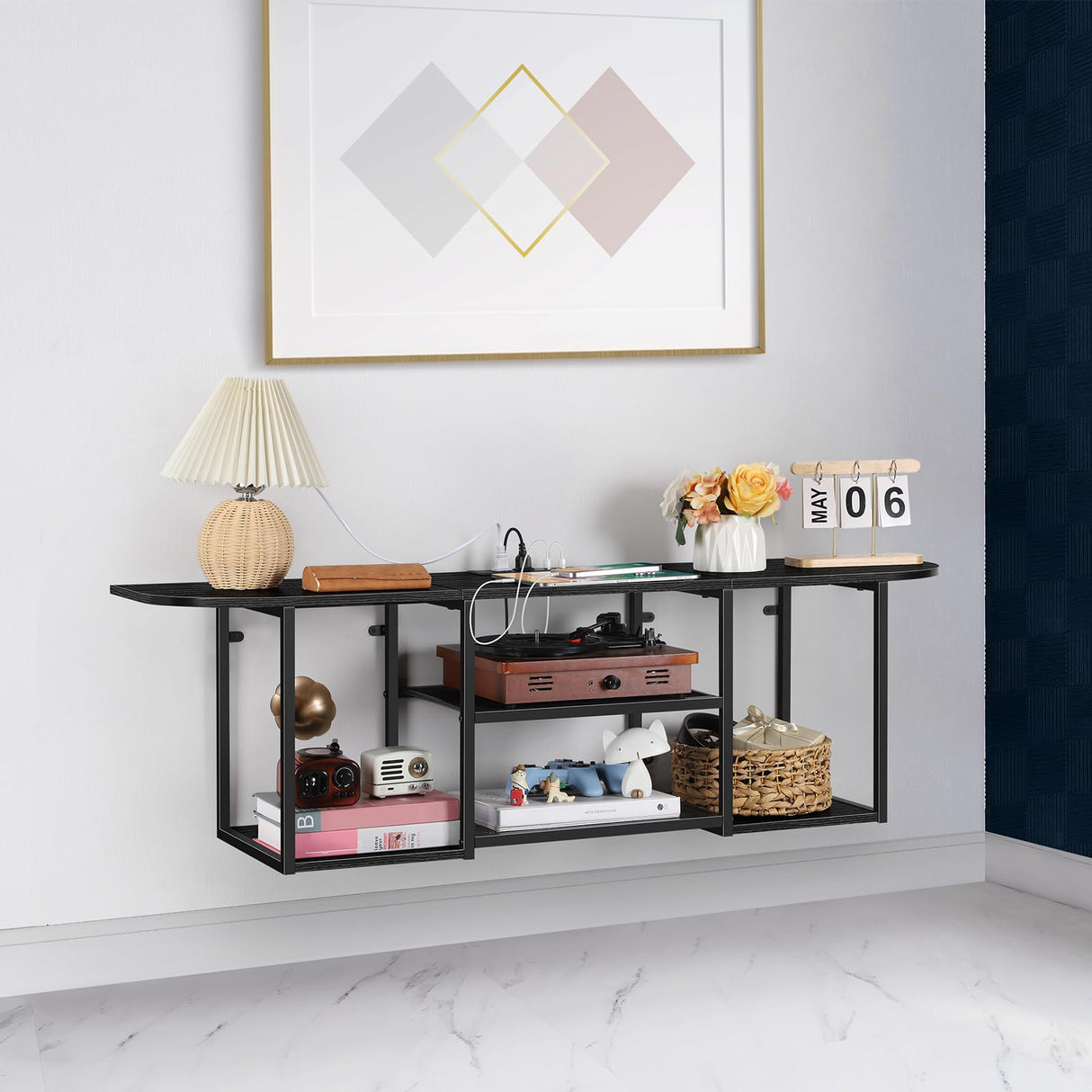 BTY Floating TV Shelf with Power Outlet, Black TV Console with USB Ports, Industrial Under TV Cabinet for 50 Inch TV, Modern Entertainment Center for Bedroom, Living Room BTY