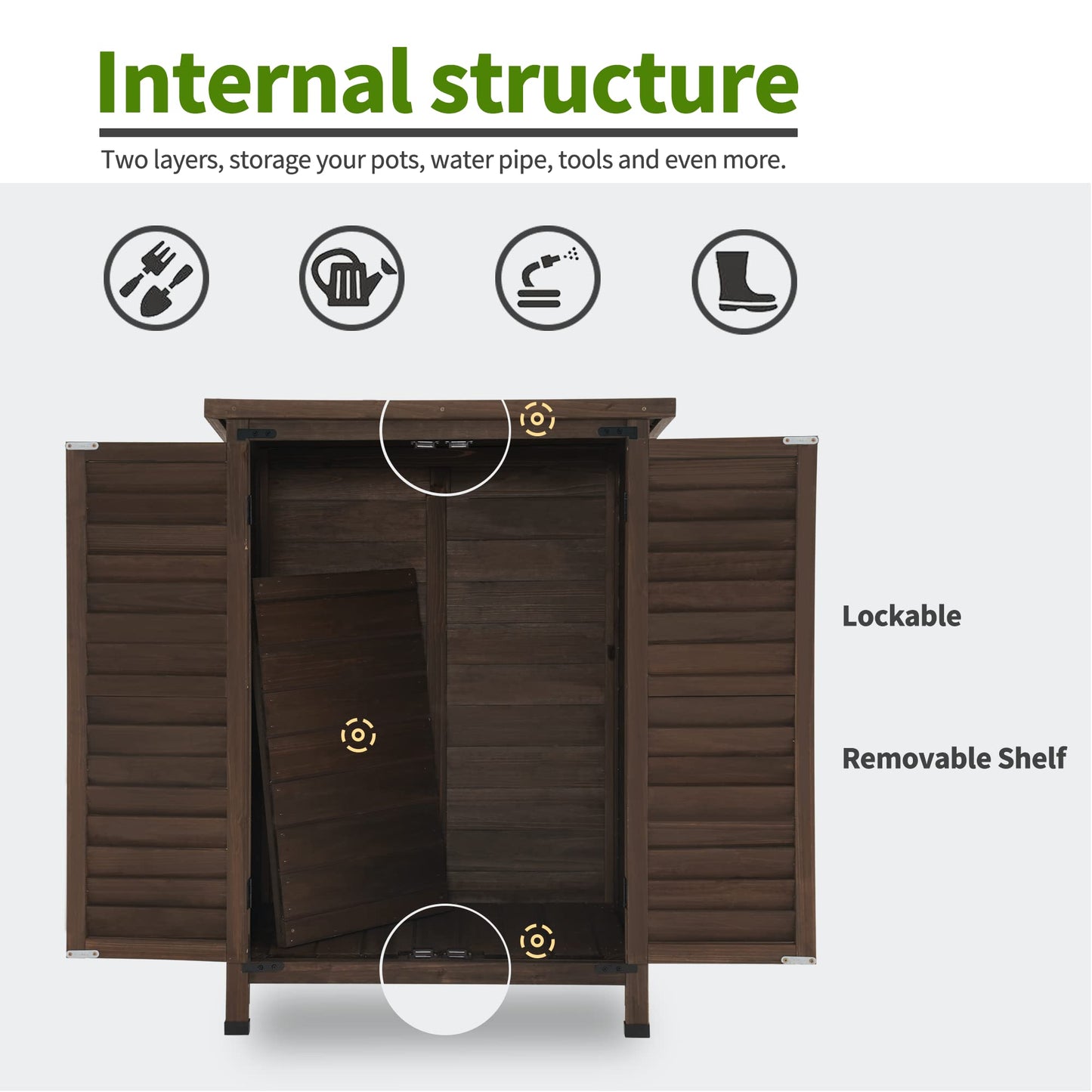 MCombo Outdoor Wood Storage Cabinet, Small Size Garden Wooden Tool Shed with Double Doors, Outside Tools Cabinet for Backyard (24.6”x 18.3”x38.2”) 0985 (Brown) - WoodArtSupply