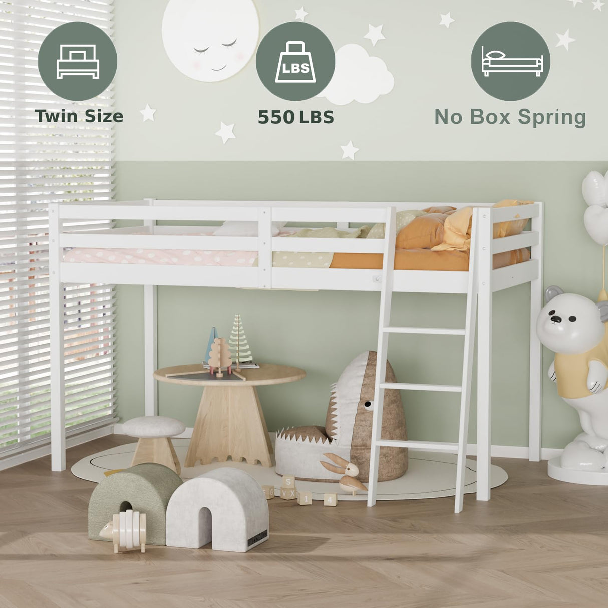 VINGLI 47'' Tall Junior Low Loft Bed with Stairs, White Wood Loft Bed Twin Size for Adults, Kids and Young Teens, No Box Spring Required,Wood Slat Support VINGLI