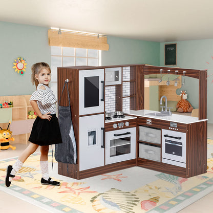 BRINJOY Corner Play Kitchen for Kids, Wooden Toddler Kitchen Playset w/Faucet, Sink, Microwave, Oven, Apron, Blackboard, Storage Cabinets, Pretend Cooking Toys w/Sound & Light Gift for Ages 3 - WoodArtSupply