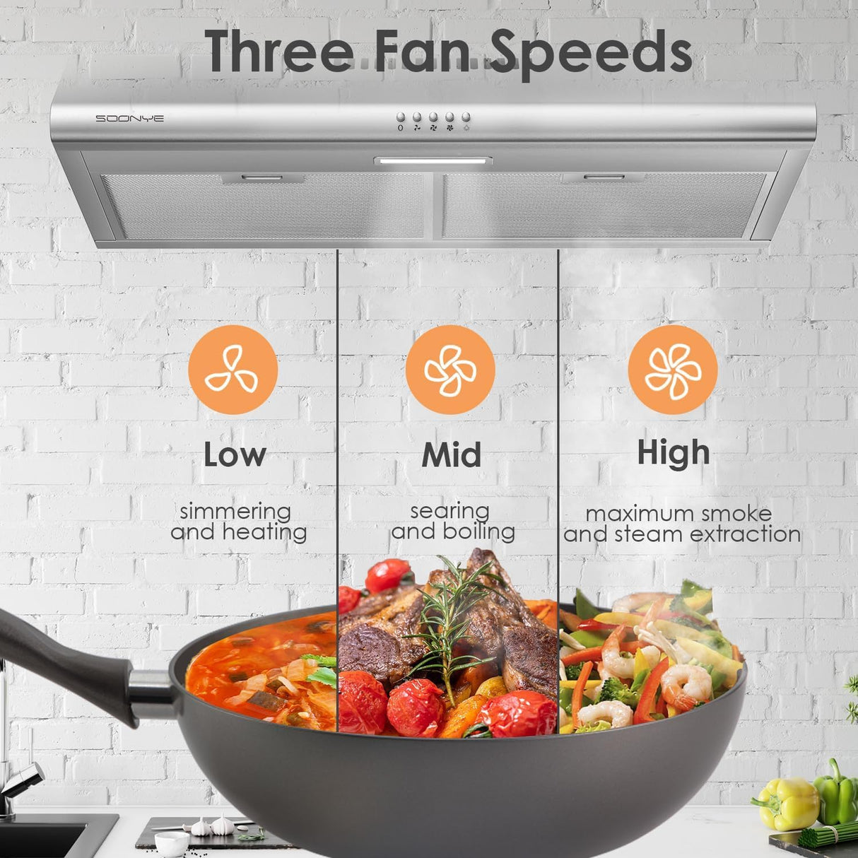 SOONYE 30 inch Stainless Steel Under Cabinet Range Hood, Slim Kitchen Vent Hood Ducted/Ductless Convertible with 3 Speed Controls, 5-Layer Aluminum Filters,LED Lights Soonye