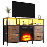 Fireplace TV Stand with 4 Fabric Drawers, TV Stand Dresser with Power Outlets and LED Lights, Fireplace Entertainment Center with Open Shelf for 43,50 Inch TV, for Living Room, Bedroom, Rustic Brown PUKAMI