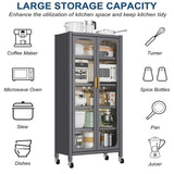 Runboll Kitchen Pantry Storage Cabinet, 6 Tier Metal Sideboard with Wheels and Acrylic Glass Door, Modern Display Curio Cabinet Bookcase Runboll