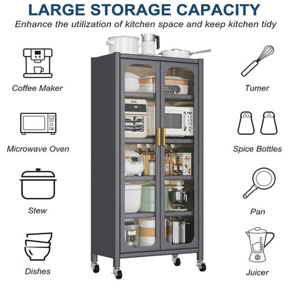 Runboll Kitchen Pantry Storage Cabinet, 6 Tier Metal Sideboard with Wheels and Acrylic Glass Door, Modern Display Curio Cabinet Bookcase