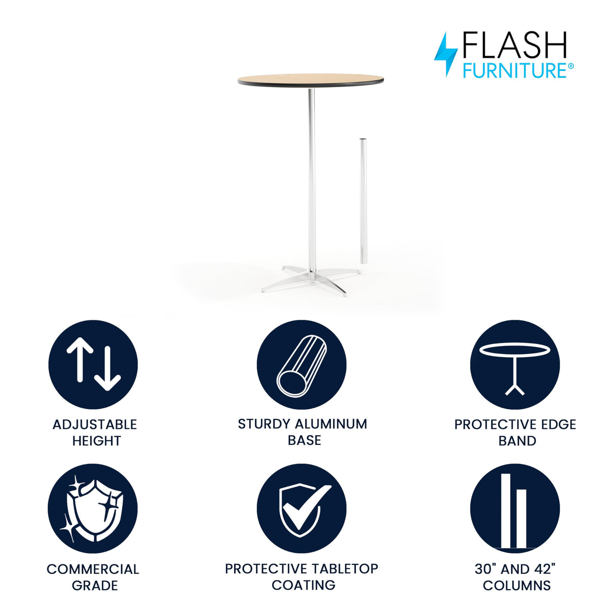 Flash Furniture Lars 30'' Round Wood Cocktail Table with 30'' and 42'' Columns, Adjustable Wood Bar Height Table for Events or Home Use, Natural Flash Furniture