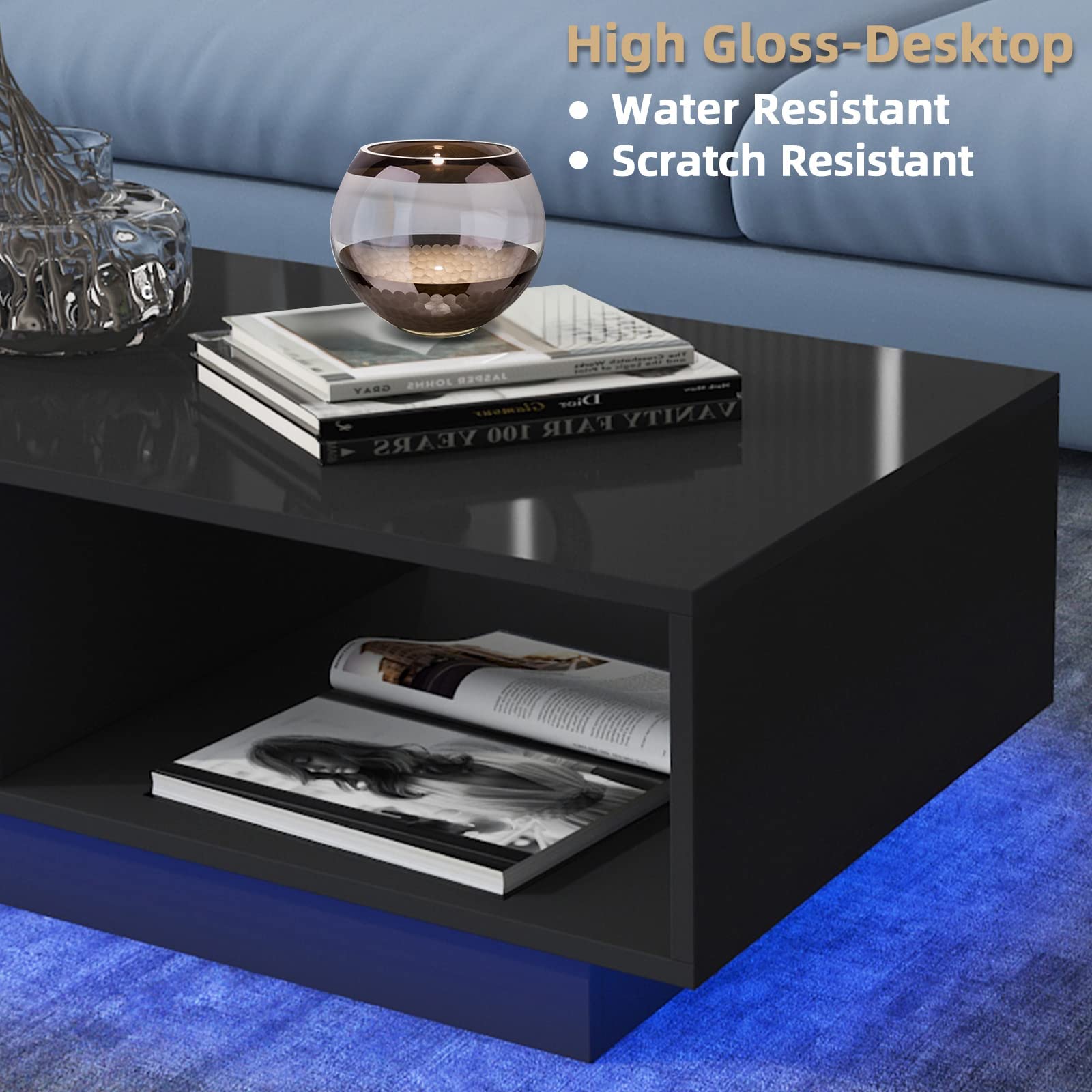 HOMMPA Led Coffee Table Black Low Profile Matte Coffee Table with High Gloss Tabletop and Storage Drawers Modern Small Center Coffee Table with Plug in Wired Led Light for Living Room 13" Tal - WoodArtSupply