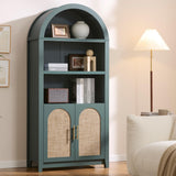 RowyPoey Rattan Arched Cabinet Bookshelf - 69.3” Tall Mid Century Display Cabinet, Rounded Bookcase with Rattan Doors, Open Shelf Storage for Dining Room (Green, 1 PC) RowyPoey