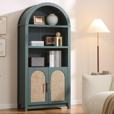 RowyPoey Rattan Arched Cabinet Bookshelf - 69.3” Tall Mid Century Display Cabinet, Rounded Bookcase with Rattan Doors, Open Shelf Storage for Dining Room (Green, 1 PC) RowyPoey