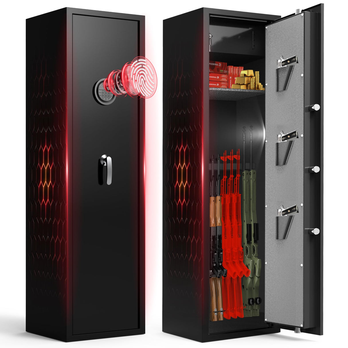 8-10 Fingerprint Gun Safe for Rifles and Pistols, No Assembly Required Quick Access Biometric Gun Cabinet, Large Gun Locker for Pistols and Shotguns, Dual Alarm & Mute Mode Switching SHICHI