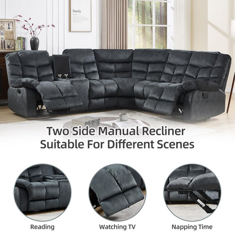 EBELLO Manual Reclining Sectional Sofa Set for Living Room, Soft Fabric Recliner Corner Sectional Couch with Center Console, Cup Holder and Storage, Grey EBELLO