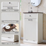 IFGET Modern Tilt-Out Trash Can Cabinet, 10 Gallon Fluted Laundry Hamper Cabinet with Drawers, Wooden Hidden Garbage Can Cabinet with Storage Basket, Free Standing for Kitchen and Living Room, White IFGET