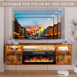PRETZI Floating Fireplace TV Stand, 70" Wall Mounted Entertainment Center with 36" Fireplace for TVs Up to 80", LED Modern Wood TV Console with High Gloss Cabinet for Living Room (Brown) PRETZI