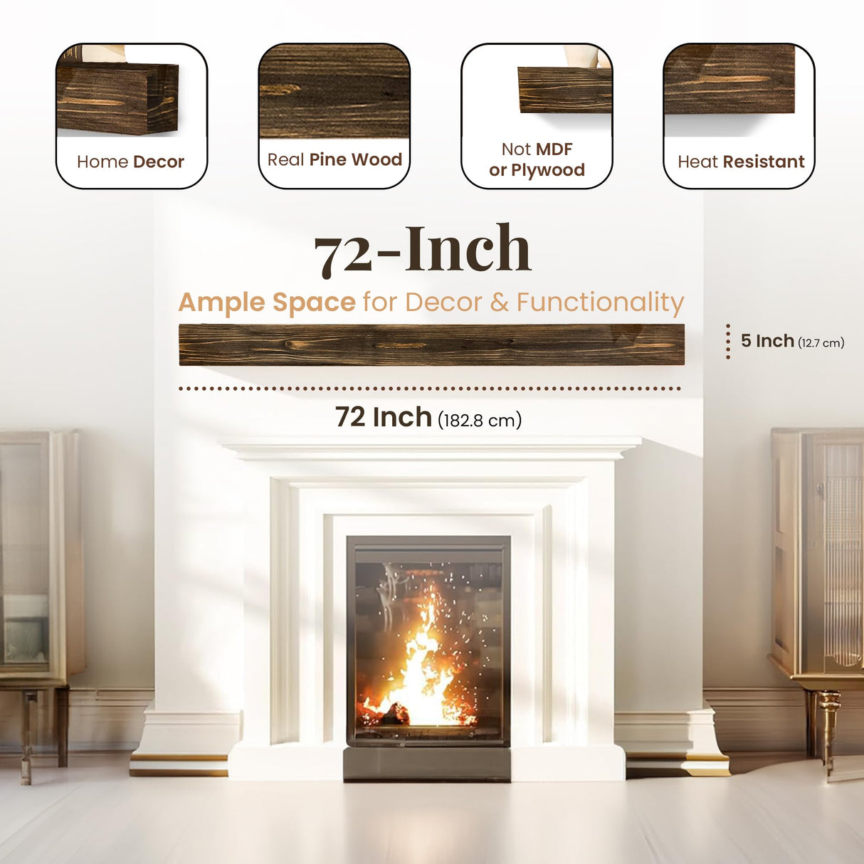 REXFORD Fireplace Mantel - USA Made Real Wood - Handcrafted Farmhouse Wall Mounted for Over Fireplace Floating Shelf Mantle (Rustic, 72X8X5 Inch Mantel) REXFORD