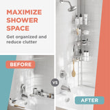 Zenna Home Tension Pole Shower Caddy Corner Organizer, Adjustable Standing Shower Caddy with 4 L-shaped Baskets and Hooks, Rust Resistant Bathroom Tension Rod Organizer, 60 to 97 Inch, Satin Nickel Zenna Home