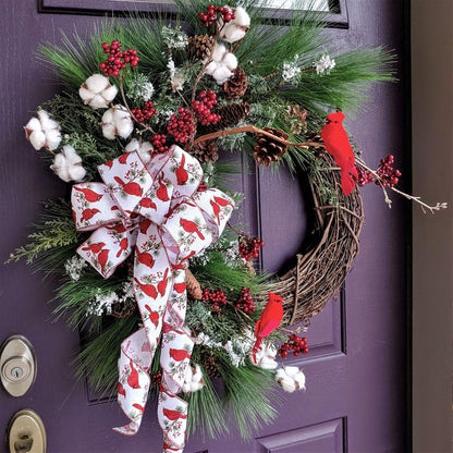 Christmas Wreath with 40 LED Lights with Timer,prelit Christmas Cardinal Bird Grapevine Wreath with Cotton and Red Berries, Woodland Natural Wreath, Red Berries and Cotton, Red Green and White-22inch