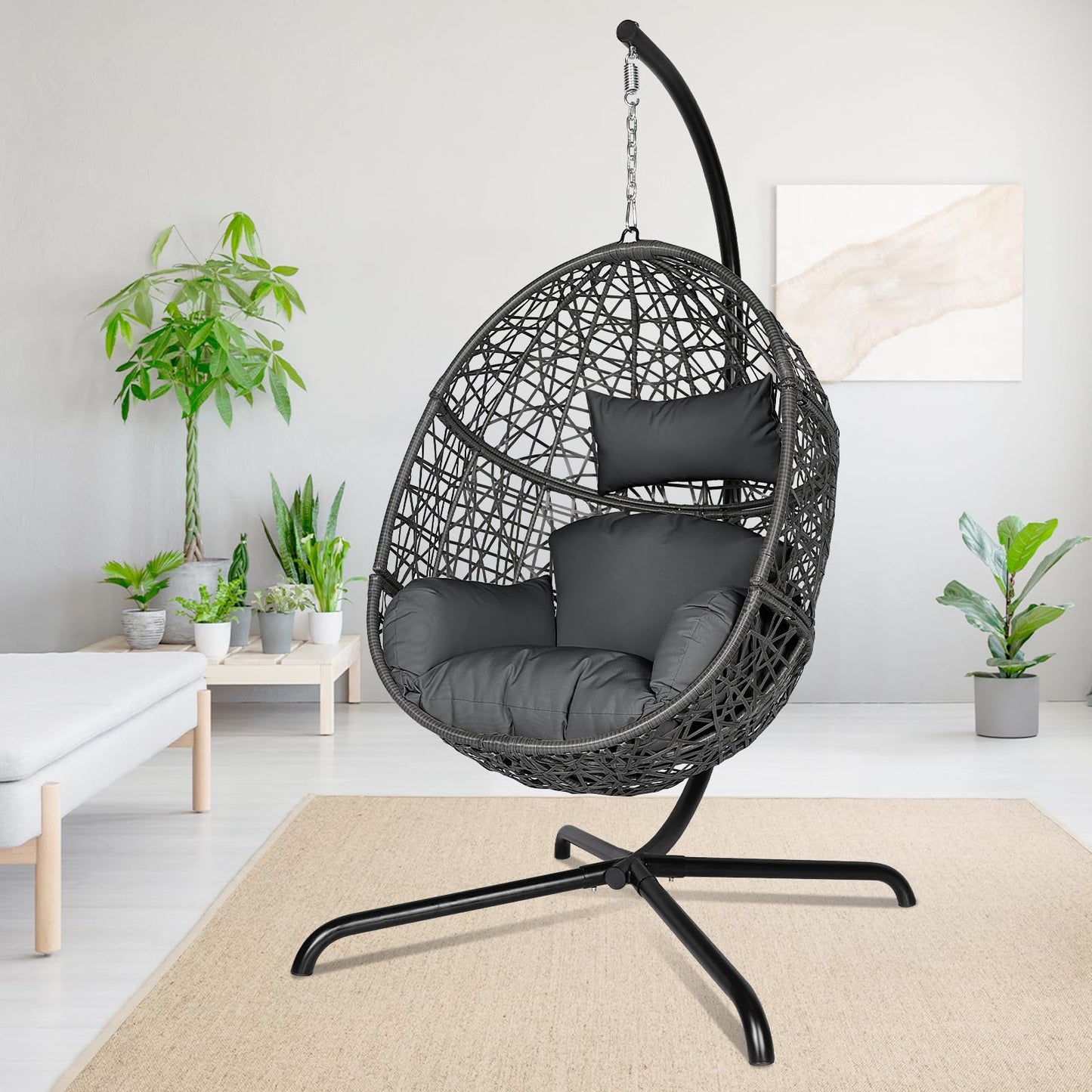 BULEXYARD Oversized Swing Egg Chair with Stand Indoor Outdoor PE Wicker Rattan Patio Basket Large Hanging Chair with Waterproof Cushions for Bedroom Balcony Patio (Dark Gray)