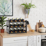 FoverOne Bamboo Wine Rack Countertop, 3-Tier 12 Bottles Wine Storage Shelf for Kitchen Pantry Cabinet - Dark Brown FoverOne