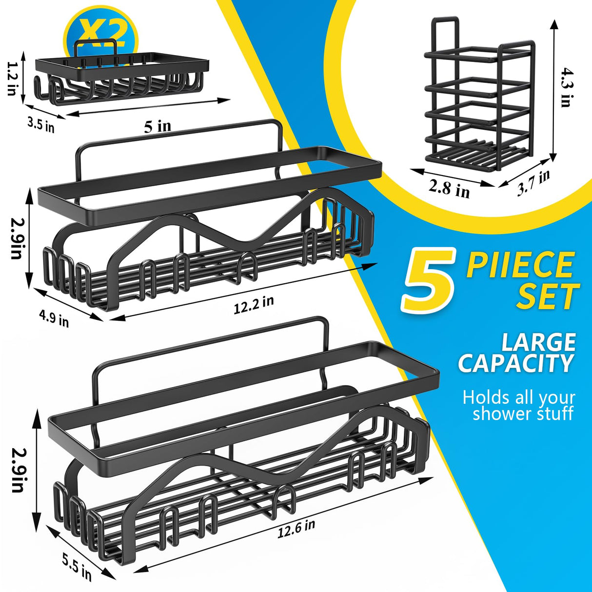 Coraje Shower Caddy, Shower Shelves [5-Pack], Adhesive Shower Organizer No Drilling, Large Capacity, Rustproof Bathroom Shower Organizer, Shower Shelf for Inside Shower (Black) Coraje