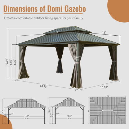 Domi 12' X 16' Hardtop Gazebo, Aluminum Metal Gazebo with Galvanized Steel Double Roof Canopy, Curtain and Netting, Permanent Gazebo Pavilion for Patio, Backyard, Deck, Lawn…