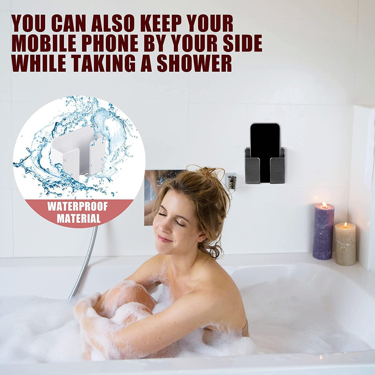 CEI&BPY 2Pcs Phone Holder Wall Mounted, Phone Stand with Self Adhesive. Phone Holder for Shower/Charging.Compatible with iPhone and Android (2Pcs-White) CEI&BPY