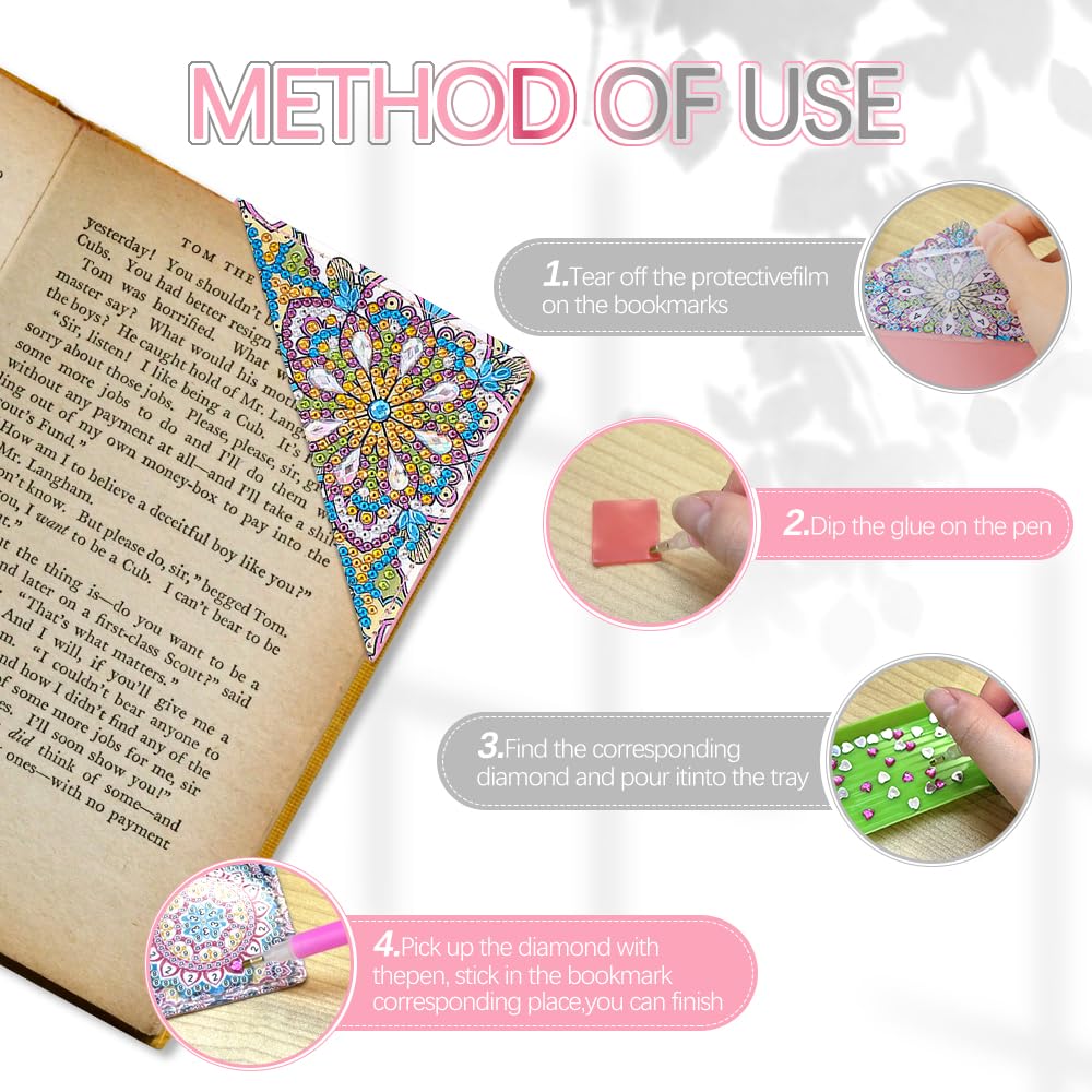 4PCS Diamond Art Bookmarks,DIY Diamond Painting Corner Bookmarks for Book Lovers,Cute Mandala Design Craft Kits for Kids,Adults,Beginners,Home and Office CHGANG