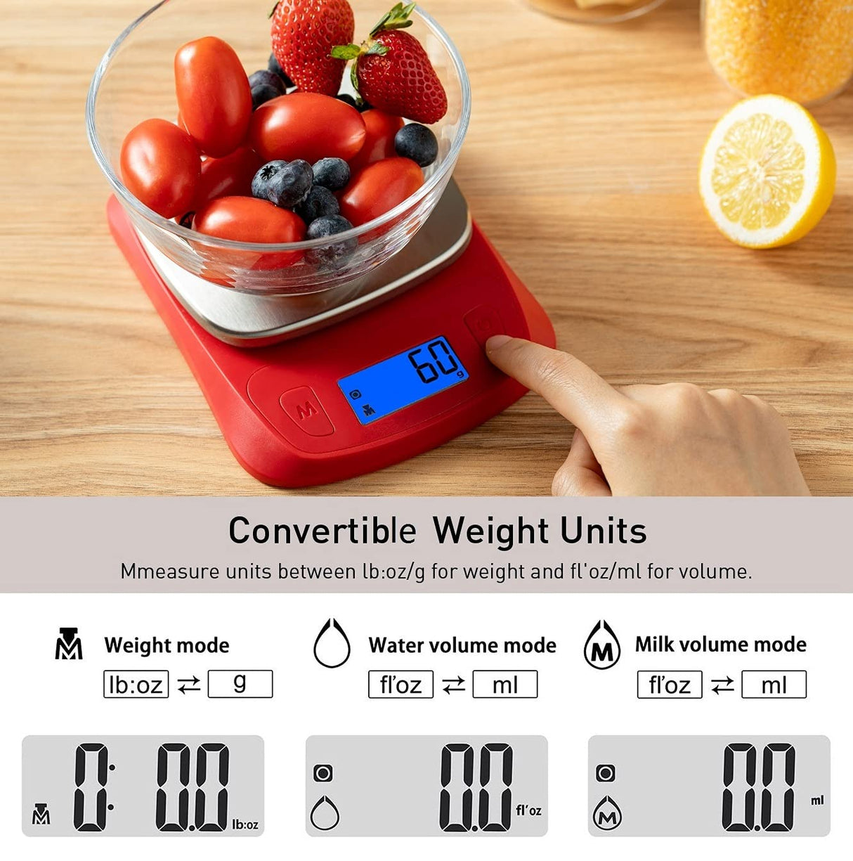 NUTRI FIT Ultra Slim Food Scale Digital Kitchen 1g Increment Measure in lb oz ml High Precision Weight in Grams and oz for Coffee Making, Meal Prep - Red/Stainless Steel NUTRI FIT