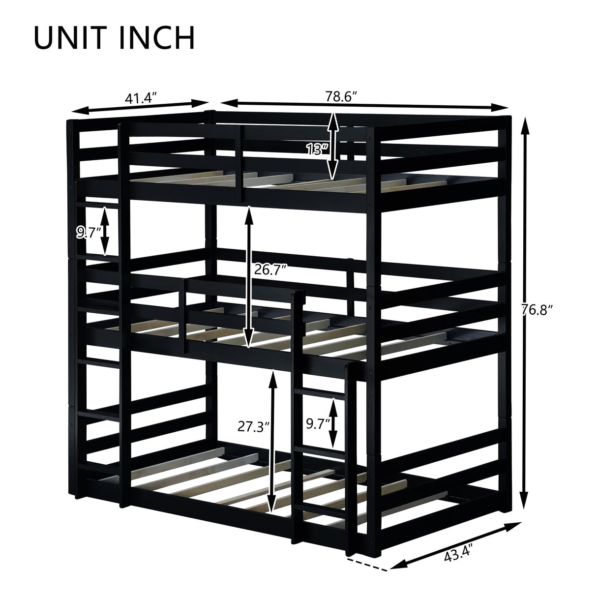 Hommoo Triple Bunk Bed Twin Over Twin Over Twin Wood Bed Frame Convertible Loft Bed for 3 Teens Adults with Ladder and Guardrail for Small Space Bedroom Dorm Black Hommoo