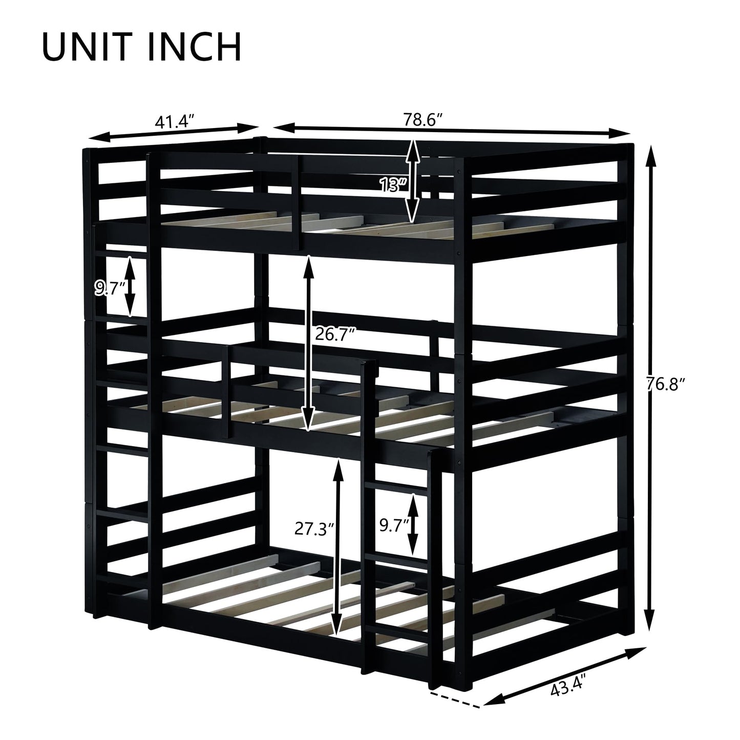 UOCFYK Triple Bunk Bed with Built-in Ladder & Full-Length Guardrails for 3 Kids, Twin Over Twin Over Twin, Space Saving Design, No Box Spring Needed, Black