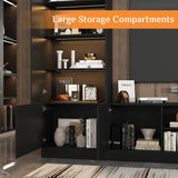 WOODTIME 114" Large Wall Unit Entertainment Center with Bookshelves, Lights and 18 Shelves, Modern 4-Piece TV Stand Media Console Table with Bridge Cabinet for Living Room & Home Theater, Black WOODTIME