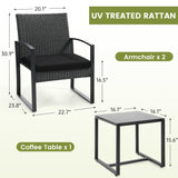 Murago 3 Piece Wicker Patio Bistro Set, Rattan Conversation Set with Coffee Table, for Balcony, Porch, Garden, Yard, Poolside, Black Frame with Black Cushion Murago