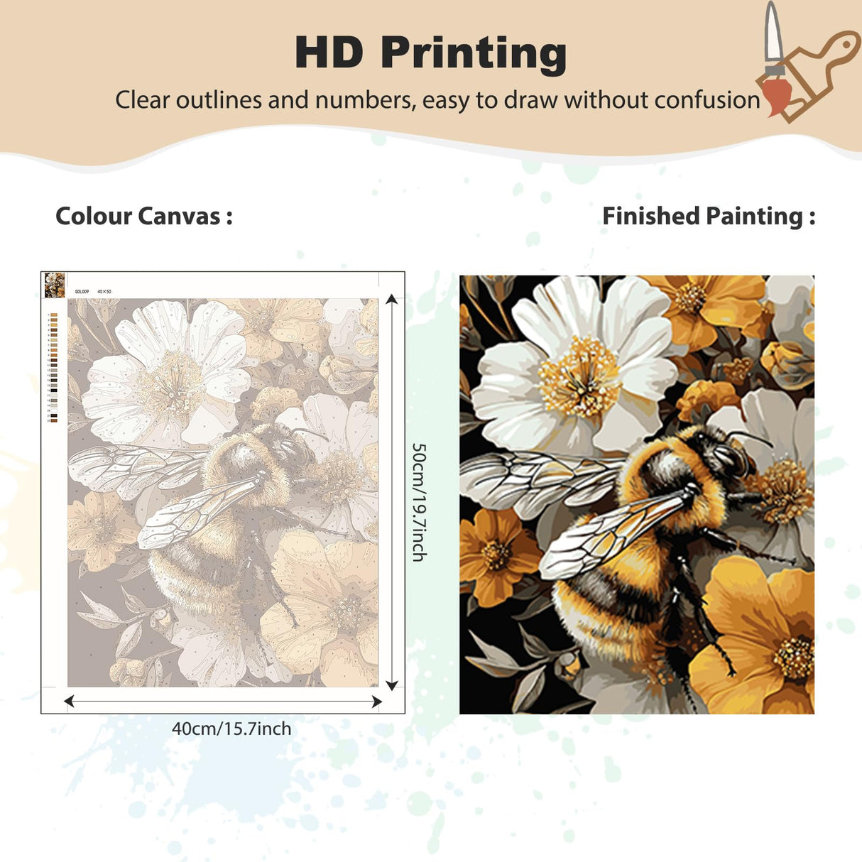 EOBROMD Paint by Numbers Kits for Adults Bee Flowers, DIY Kits Crafts for Beginner on Canvas, 3 Paint Brushes and Acrylic Paint for Home Decor 16x20inch(Without Frame) EOBROMD