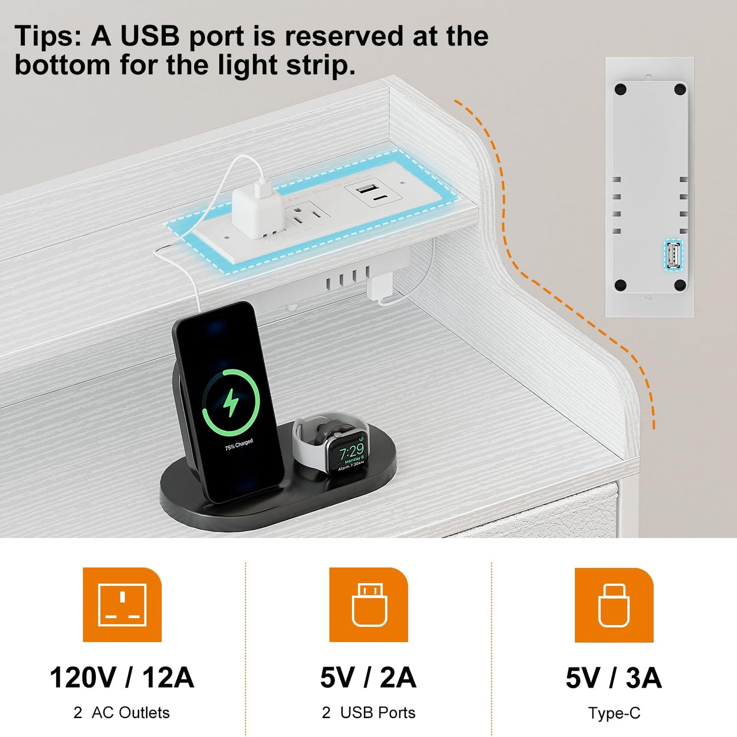 REAHOME Dresser for Bedroom with Charging Station and LED Lights, 6 Drawers Dresser TV Stand with Wooden Top, Tall Fabric Chest of Drawer with Sturdy Frame for Closet, Living Room, Hallway, White