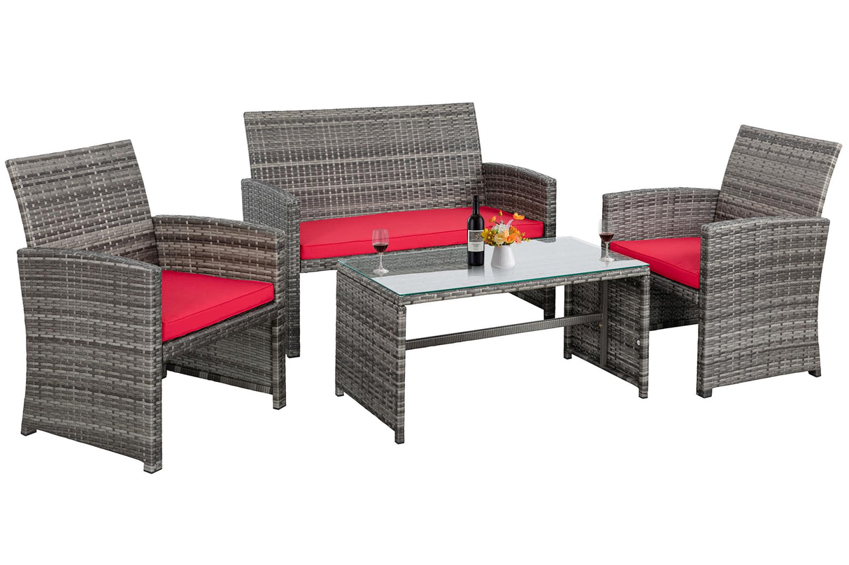 Shintenchi 4 Piece Patio Ratten Set Outdoor Furniture Set Wicker Conversation Set with Cushions and Tempered Glass Tabletop,Red Shintenchi