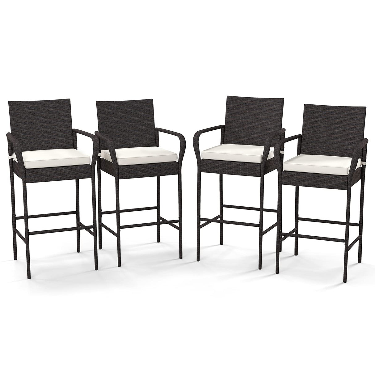 Tangkula Patio Wicker Barstools Set of 4, Outdoor PE Rattan Bar Chairs with Armrests & Soft Cushions, Stable Metal Frame, 400 lbs Max Load, Mix Brown PE Wicker Bar Chairs for Porch (2, Off White) Tangkula