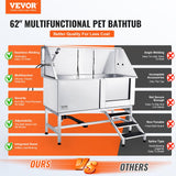 VEVOR 62" Pet Dog Bathing Station w/Stairs, Professional Stainless Steel Dog Grooming Tub w/Soap Box, Faucet,Rich Accessory,Bathtub for Large,Medium,Small Pet, Washing Sink for Home(Right) VEVOR