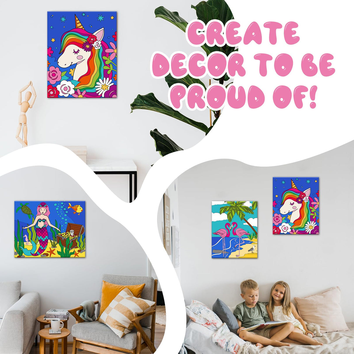 goldentime 3 Framed Canvas Paint by Numbers for Kids Ages 6 8 10 12 –Easy Paint by Numbers Kit for Kids and Adults –Unicorn Painting Kit for Girls, Mermaid Crafts for Girls Ages 6-8-12… goldentime