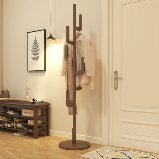 KASLANDI Coat Rack, Solid Wood Cactus Coat Rack Stand, Freestanding Coat Rack with 6 L-shaped Hooks and 3 Adjustable Sizes, Sturdy and Easy to Assemble Coat Tree for Entryway, Bedroom (Walnut)