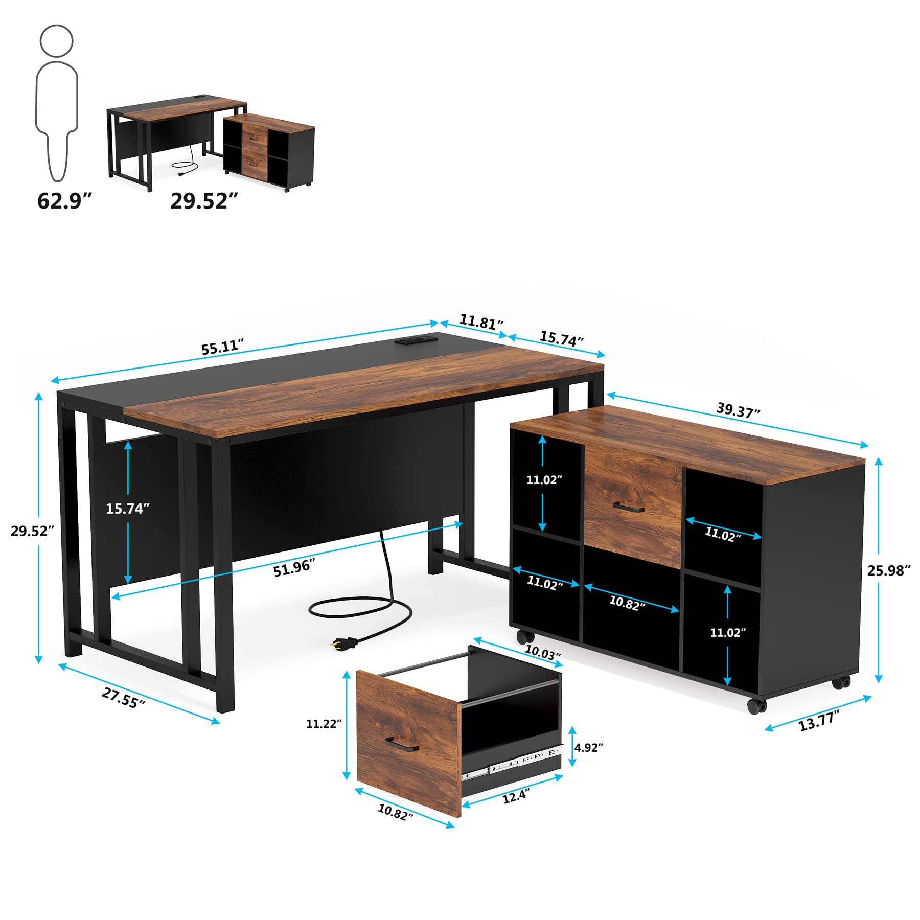 Tribesigns L-Shaped Computer Desk with Power Outlet and Drawer Cabinet, 55 inch Large Executive Office Desk Business Furniture with 40 inch Lateral File Cabinet Printer Stand for Home Office, - WoodArtSupply