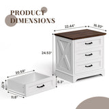 GRUSIGN Nightstand with Drawers - 22.44" Wide End Table with 3 Large Drawers & Bar Handles, Small Rustic Wood Chest of Drawers for Bedroom, Living Room, Closet, White GRUSIGN