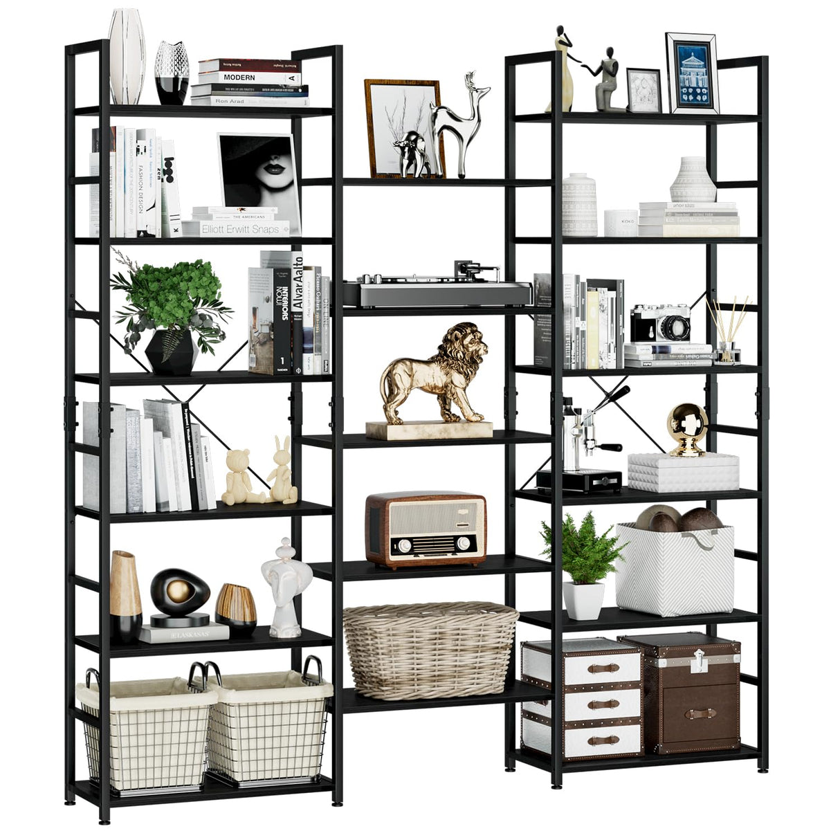 NUMENN Triple Wide 6 Tier Bookshelf, Rustic Industrial Style Bookcases and Bookshelves with 17 Open Display Shelves, Modern Tall Bookcase Furniture for Bedroom, Living Room and Home Office, Black NUMENN