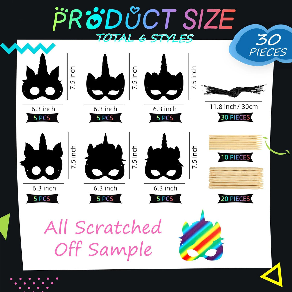 30 Pcs Unicorn Scratch Mask Rainbow Paper Art Mask, Wooden Stylus and Elastic Bands Scratchboard Party Dress up Costumes for Unicorn Party Supplies Sabary