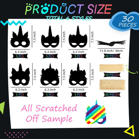 30 Pcs Unicorn Scratch Mask Rainbow Paper Art Mask, Wooden Stylus and Elastic Bands Scratchboard Party Dress up Costumes for Unicorn Party Supplies Sabary