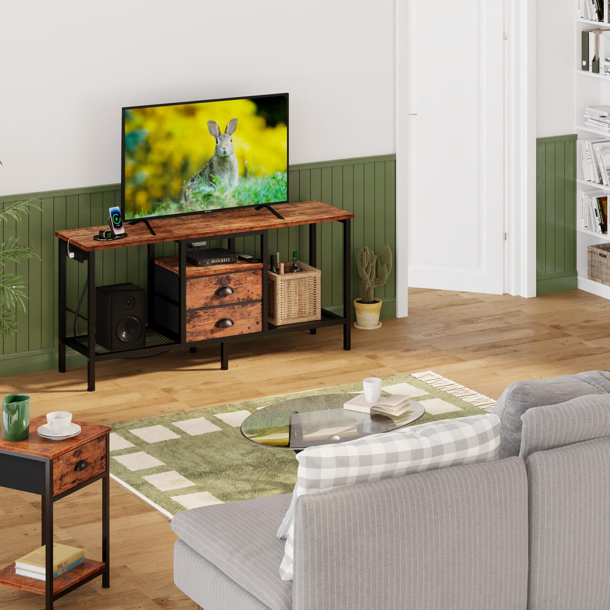 Furologee TV Stand with Power Outlets and 2 Fabric Drawers, 42 Inch Small Entertainment Center with Open Storage Shelves, Simple TV Console Table for Bedroom, Living Room, Rustic Brown Furologee