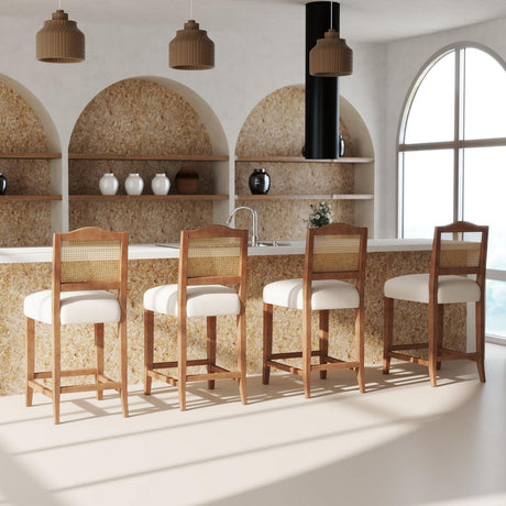 CIMOTA Counter Height Bar Stools Set of 4 Rattan Farmhouse Barstools Mid Century Modern Bar Chairs Upholstered Kitchen Stools with Wood Legs for Island/Dining Room, Linen Beige 26.5In CIMOTA