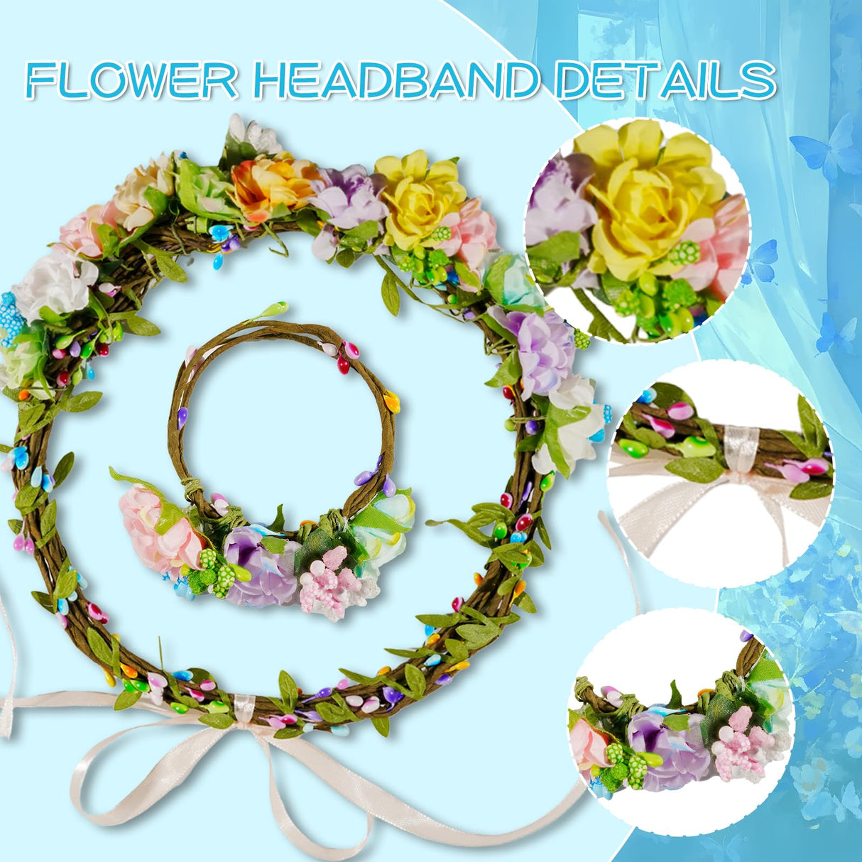 Timlotti 141Pcs(30 Set) Flower Crowns Kit for Girls Flower Crowns Making Kit Make Your Own Floral Crowns Garland Wreath with Berries and Ribbon for Girls/Teens/Women(Blooming Rose) Timlotti