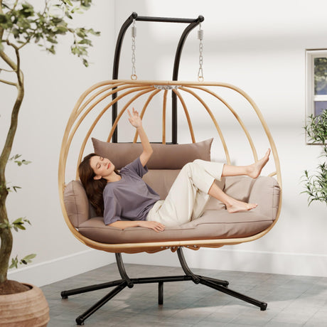 DAYARUS Double Egg Chair Outdoor, Egg Swing Chair with Stand, Hanging Egg Chair Outdoor with Cushions/Headrest, 80" H Hanging Chairs with Stand Indoor, Metal Basket Swing Egg Chairs for Deck, Khaki DAYARUS