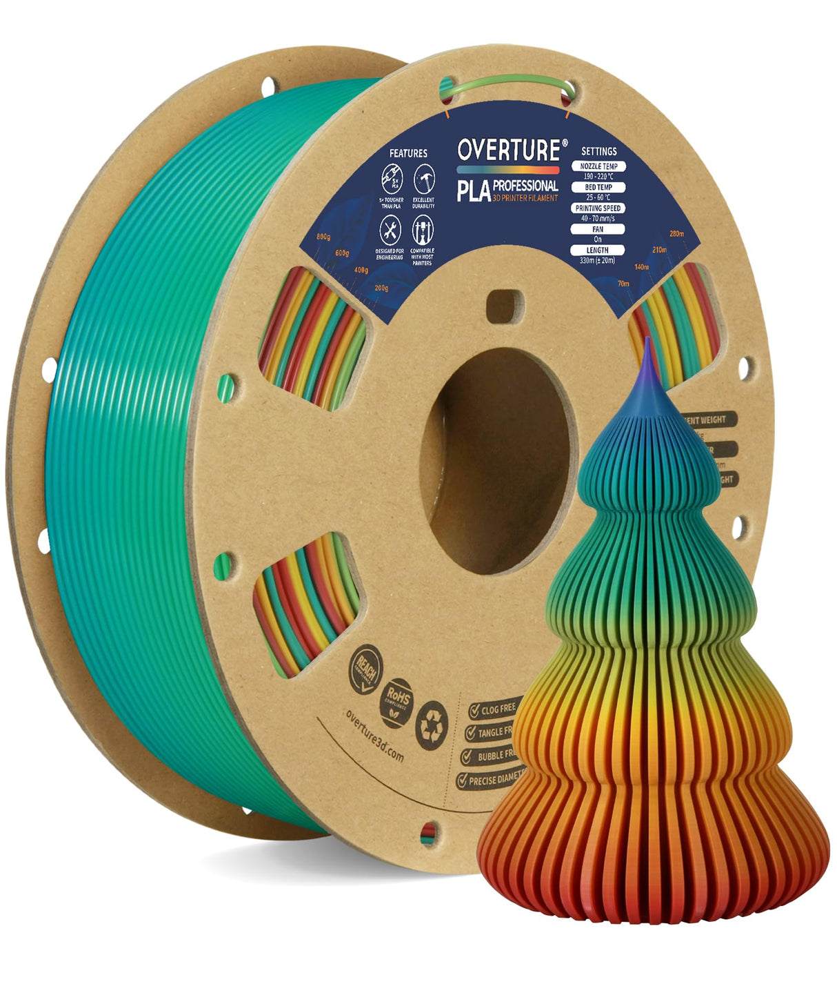 OVERTURE PLA Plus (PLA+) Filament 1.75mm, Stronger & More Durable, Professional Toughness 3D Printer Filament 1kg (2.2lbs), High Precision +/- 0.02mm, Tangle-Free (Sunset Rainbow) OVERTURE