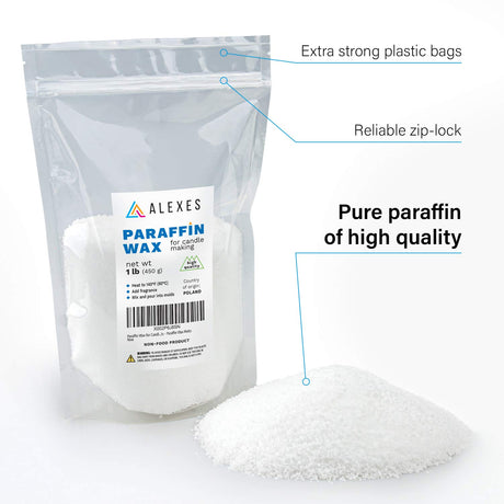 ALEXES Candle Paraffin Wax, 1lb Unscented Candle Making Wax Flakes, for Crafts & Home Fragrance, Refined Paraffin Wax Melts, Extra Strong Plastic Bags, Clear, All Season, Odorless, Classic Style ALEXES