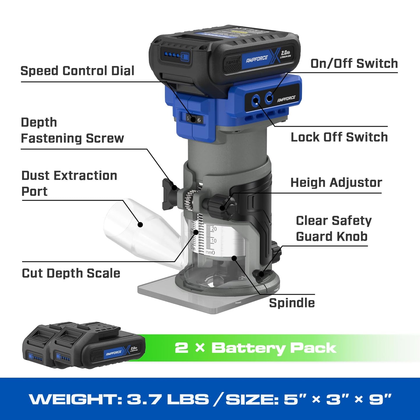 AMPFORCE 20V Cordless Router Tool, 6 Variable Speeds 30,000RPM Brushless Trim Router, Compact Wood Palm Router for Woodworking with Fixed Base, Trim Router Bits, and 2 Batteries - WoodArtSupply